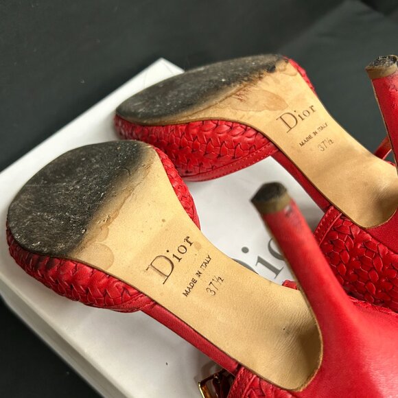 Christian Dior Soft Lady Dior Red Leather Woven Peep Toe Heels Shoes 37.5 7.5 - Picture 10 of 12